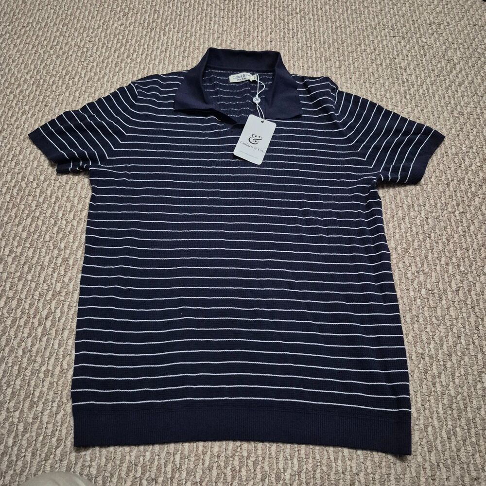 Collars And Co Polo Shirt Mens L White & Navy Luxury Knit Cotton Collared
